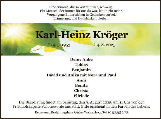 Traueranzeige von Karl-Heinz Kröger von IK
