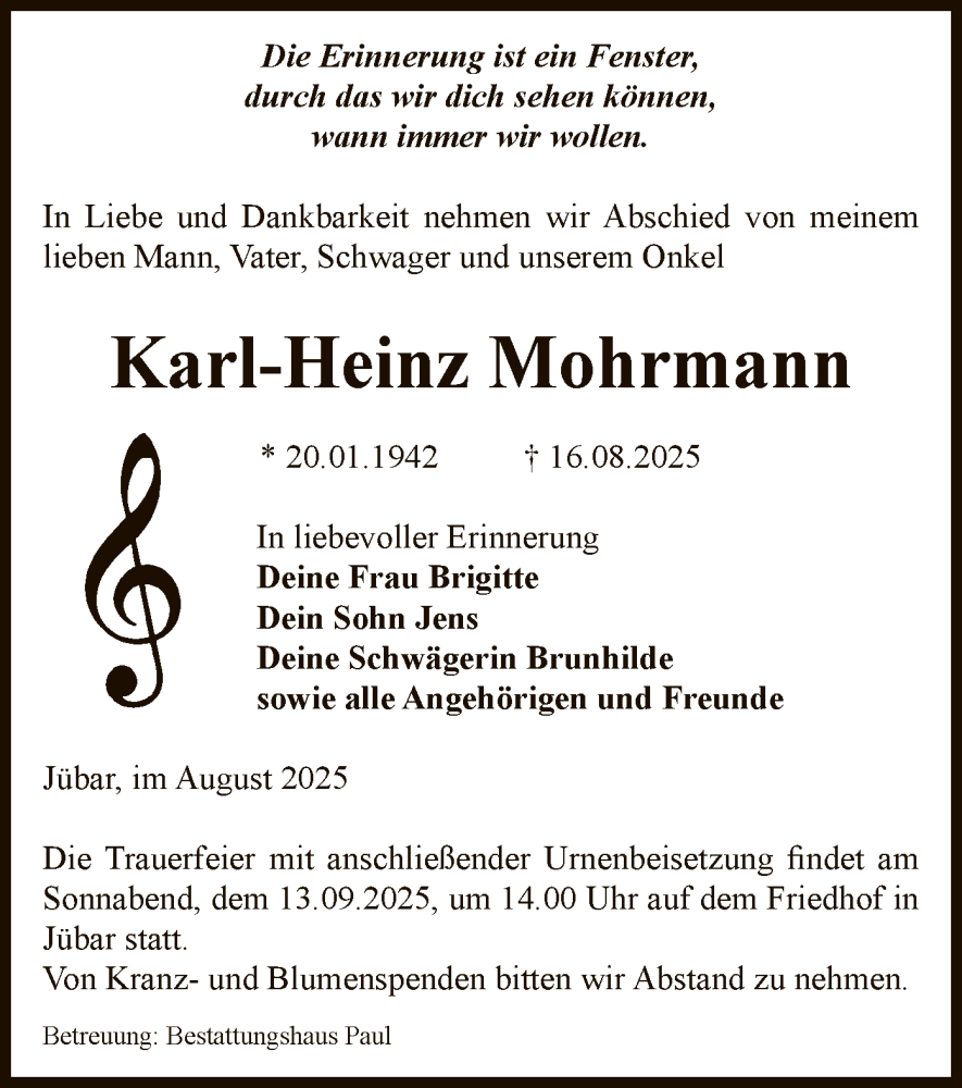  Traueranzeige für Karl-Heinz Mohrmann vom 22.08.2025 aus AMZ
