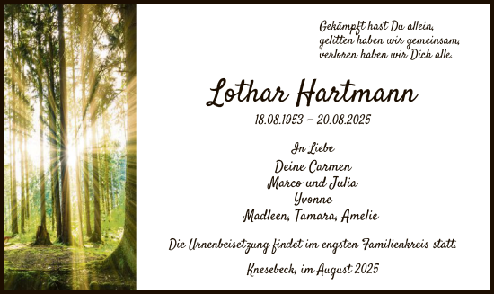 Traueranzeige von Lothar Hartmann von IK