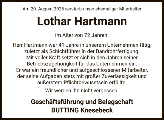Traueranzeige von Lothar Hartmann von IK