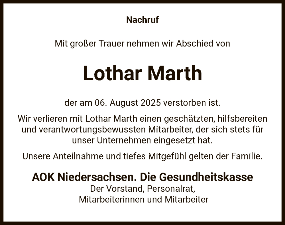  Traueranzeige für Lothar Marth vom 30.08.2025 aus AZ