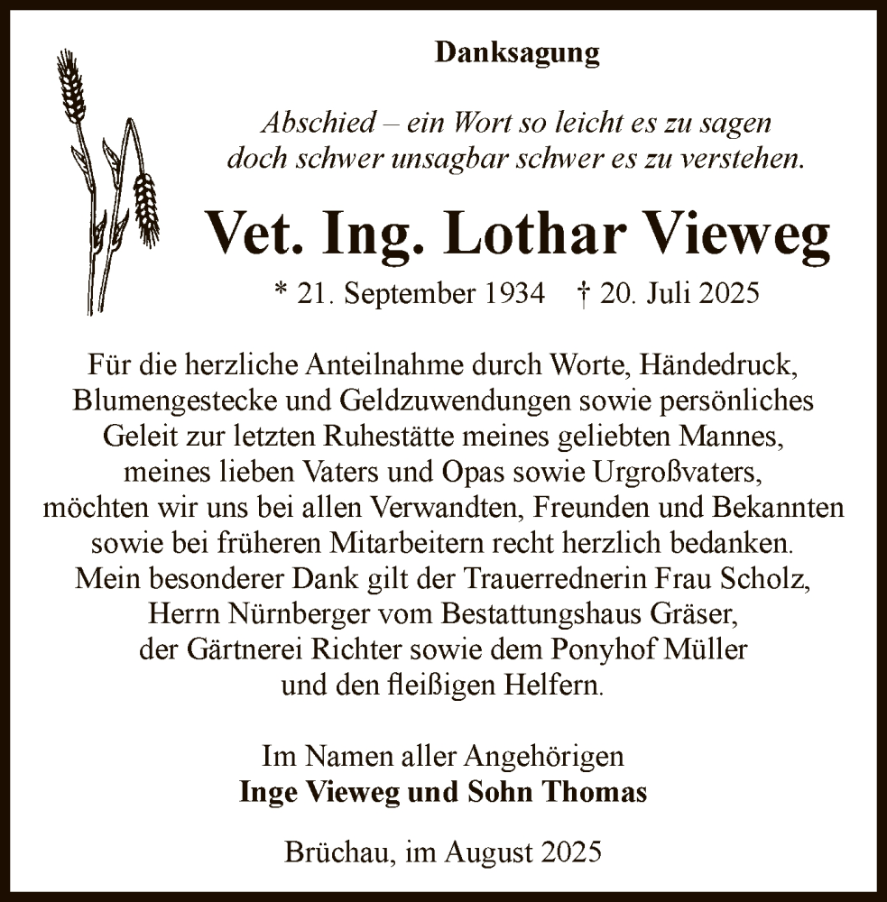  Traueranzeige für Lothar Vieweg vom 23.08.2025 aus AMZ