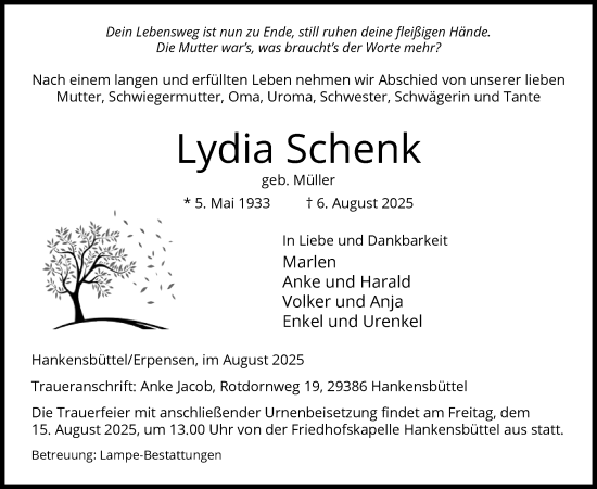 Traueranzeige von Lydia Schenk von IK