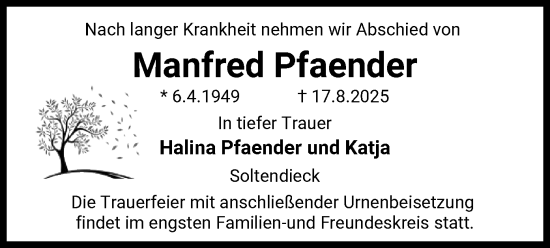 Traueranzeige von Manfred Pfaender von AZ