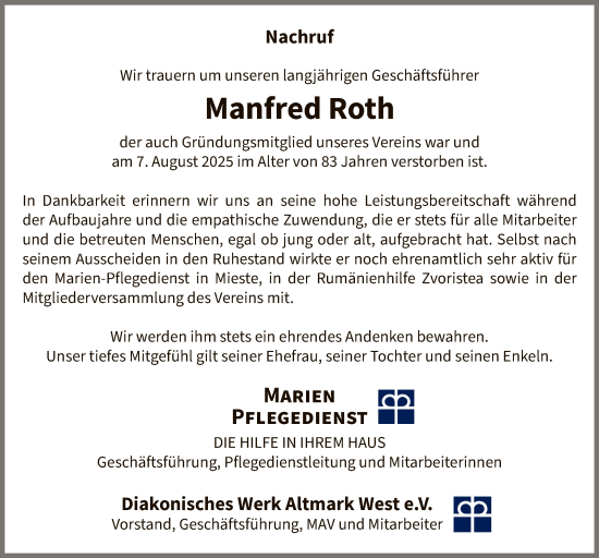 Traueranzeige von Manfred Roth von AMZ