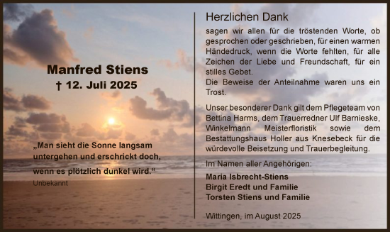 Traueranzeige von Manfred Stiens von IK