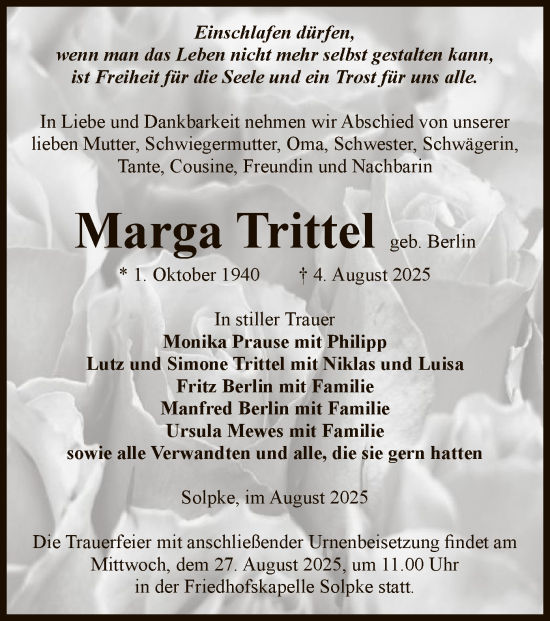 Traueranzeige von Marga Trittel von AMZ