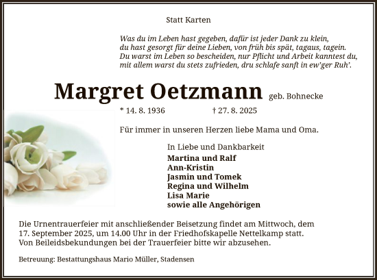Traueranzeige von Margret Oetzmann von AZ
