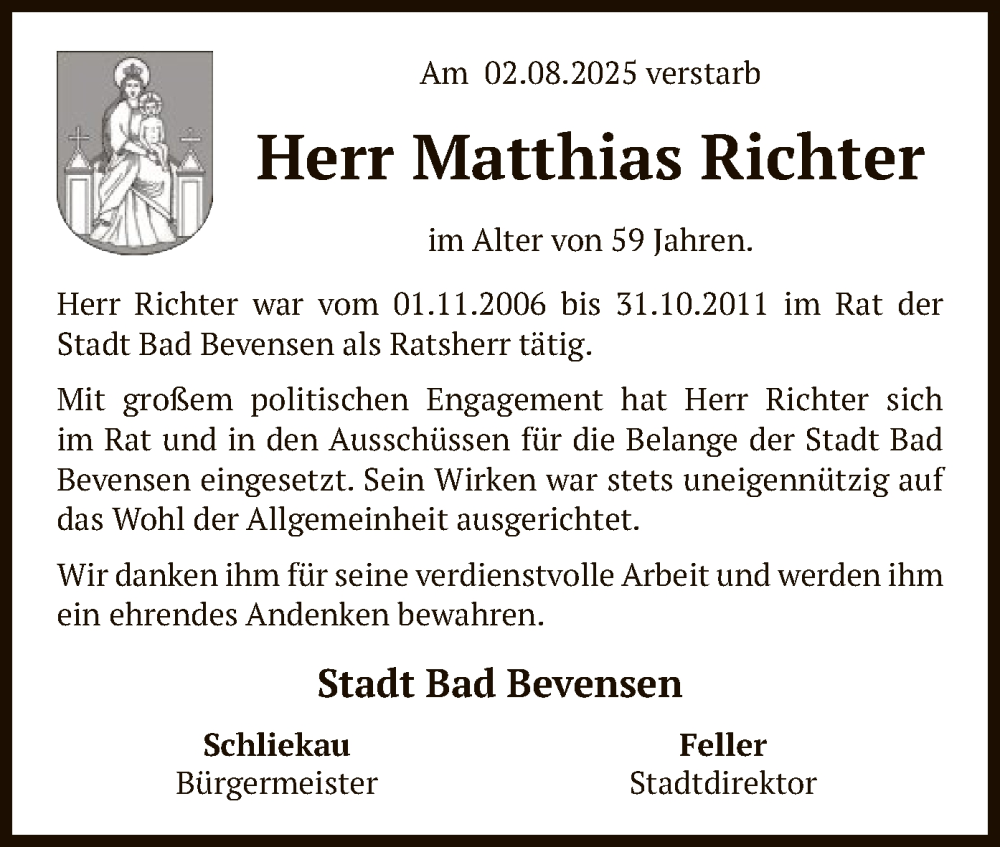  Traueranzeige für Matthias Richter vom 16.08.2025 aus AZ
