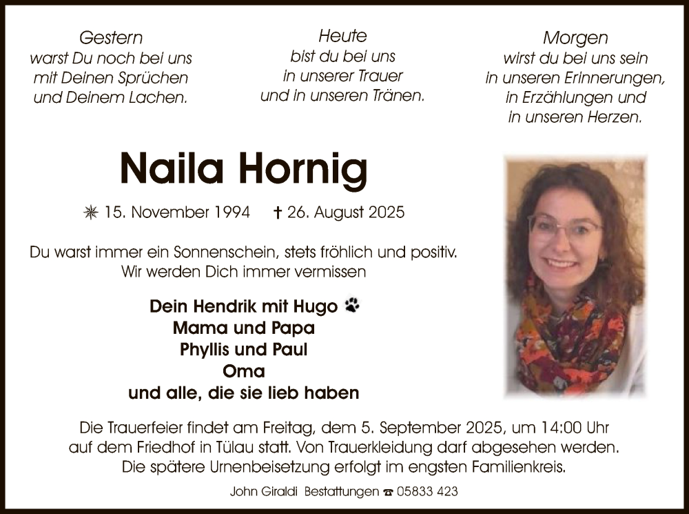  Traueranzeige für Naila Hornig vom 30.08.2025 aus IK