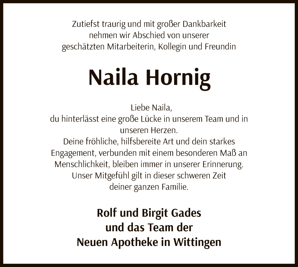  Traueranzeige für Naila Hornig vom 30.08.2025 aus IK