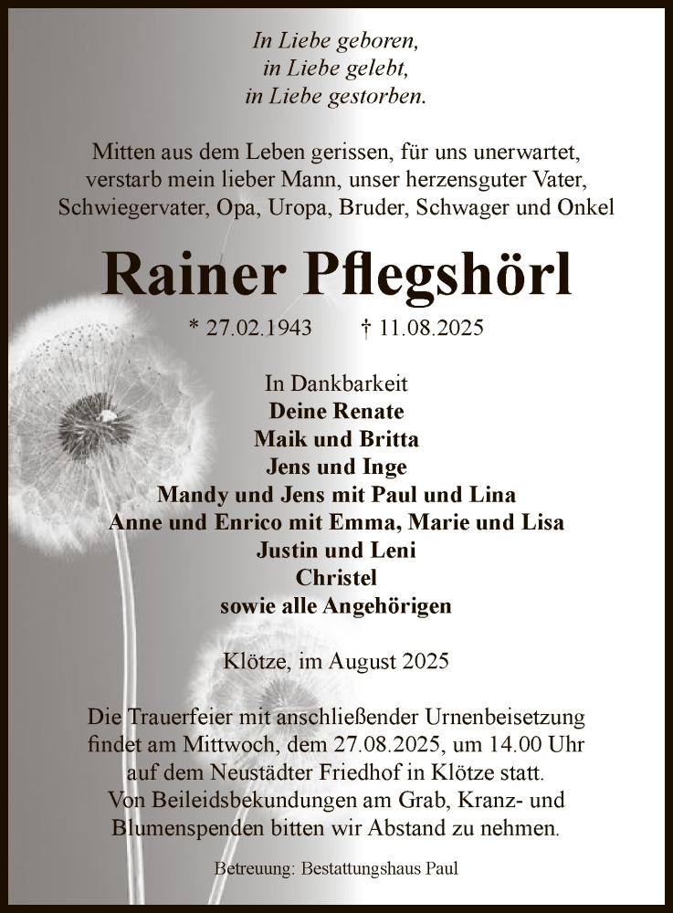  Traueranzeige für Rainer Pflegshörl vom 14.08.2025 aus AMZ