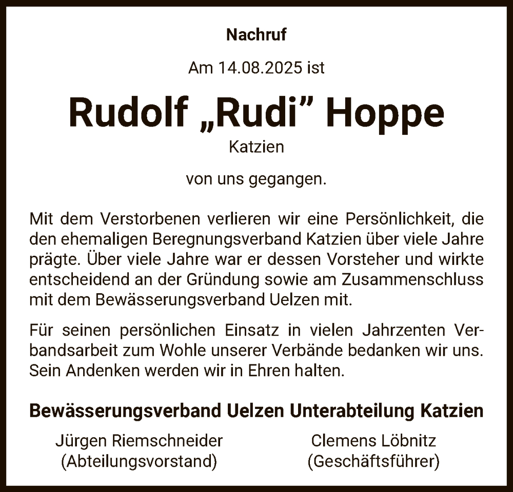  Traueranzeige für Rudolf Hoppe vom 20.08.2025 aus AZ