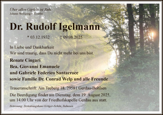 Traueranzeige von Rudolf Igelmann von AZ