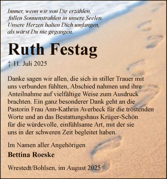 Traueranzeige von Ruth Festag von AZ