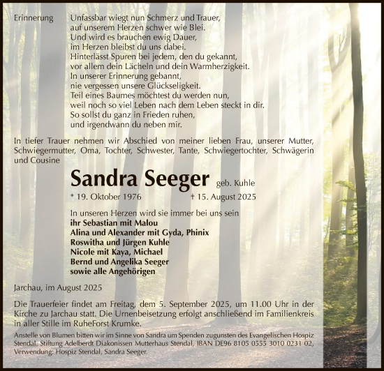 Traueranzeige von Sandra Seeger von AMZ