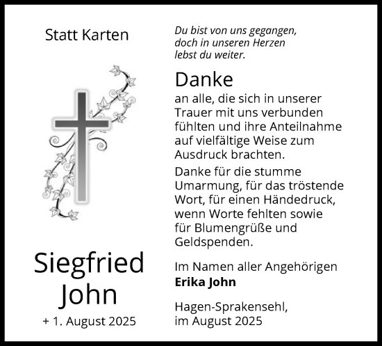 Traueranzeige von Siegfried John von IK
