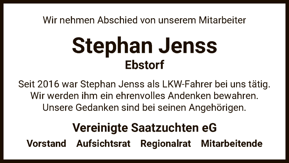  Traueranzeige für Stephan Jenss vom 09.08.2025 aus AZ