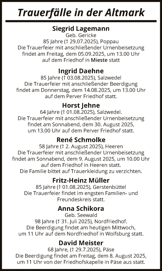 Traueranzeige von Sterbetafel vom 07.08.2025 von AMZ
