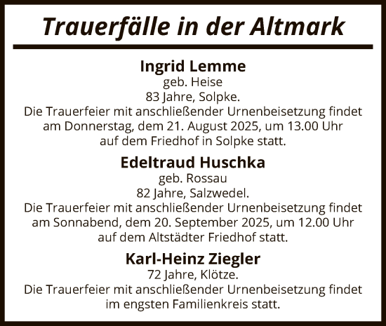 Traueranzeige von Sterbetafel vom 15.08.2025 von AMZ