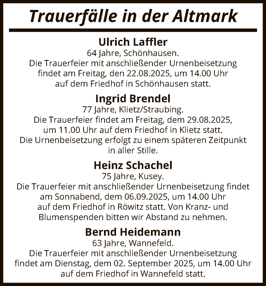  Traueranzeige für Sterbetafel vom 16.08.2025 vom 16.08.2025 aus AMZ