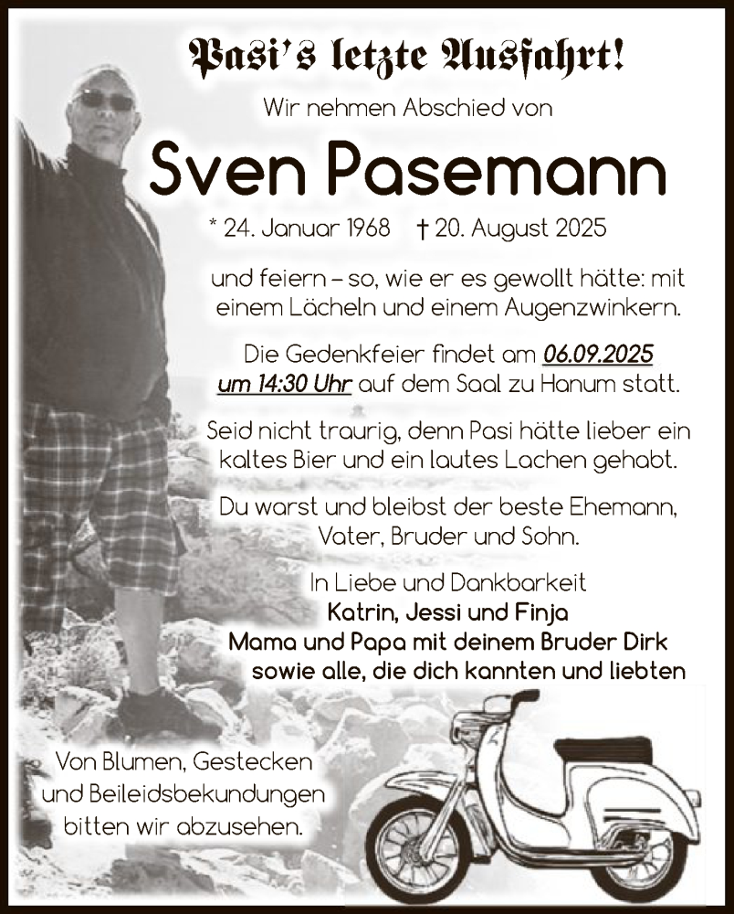  Traueranzeige für Sven Pasemann vom 29.08.2025 aus AMZ