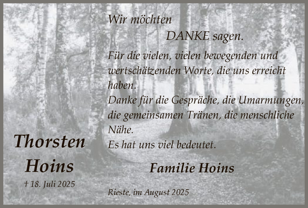  Traueranzeige für Thorsten Hoins vom 16.08.2025 aus AZ