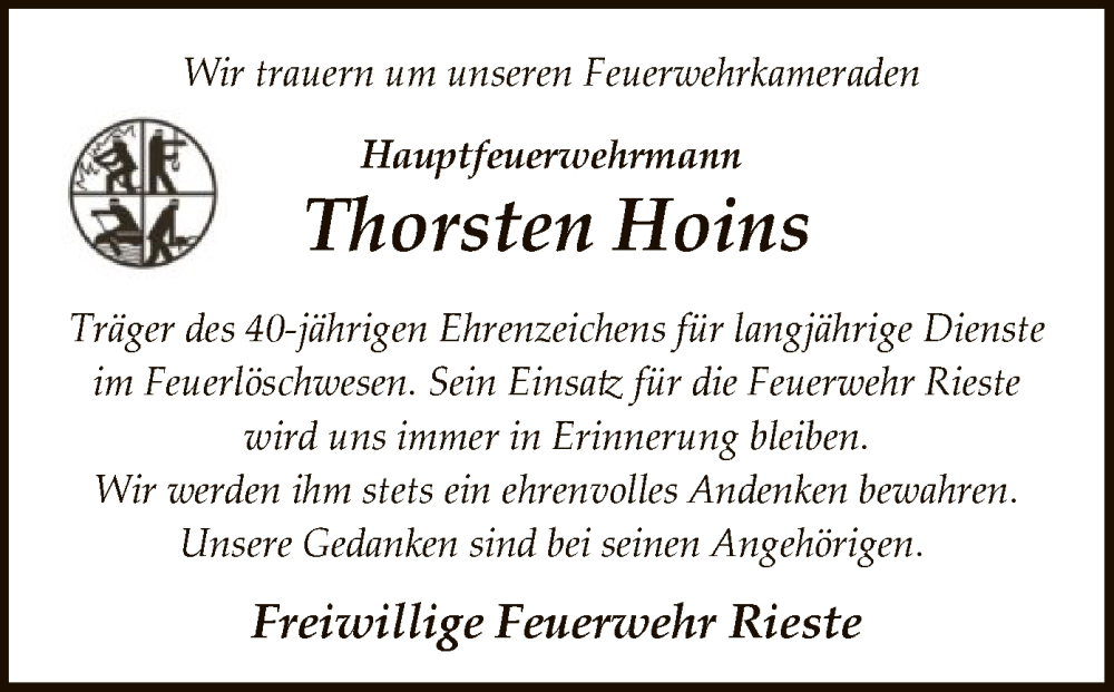  Traueranzeige für Thorsten Hoins vom 02.08.2025 aus AZ