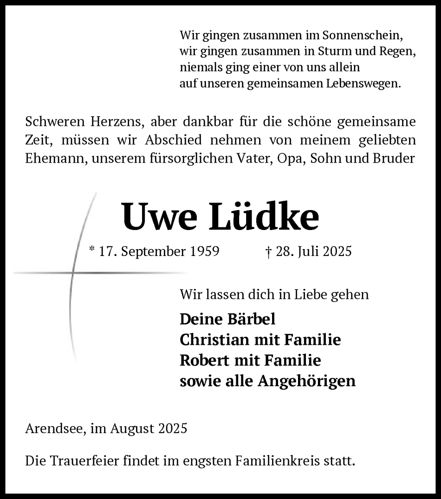  Traueranzeige für Uwe Lüdke vom 06.08.2025 aus AMZ