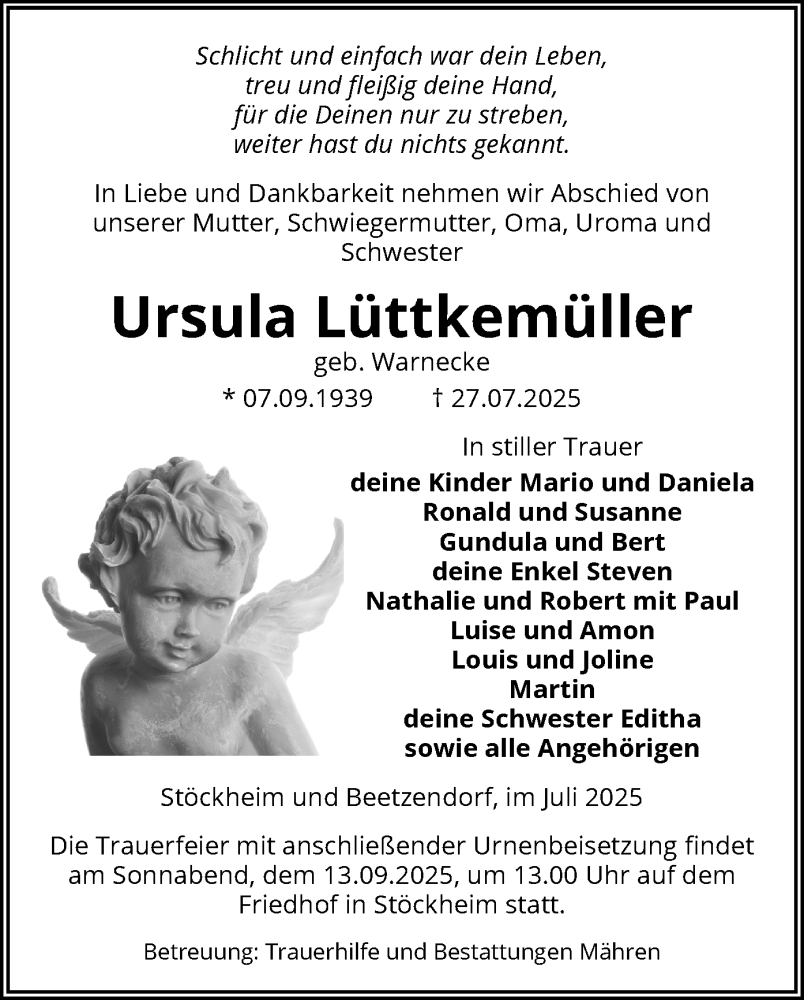  Traueranzeige für Ursula Lüttkemüller vom 30.07.2025 aus AMZ