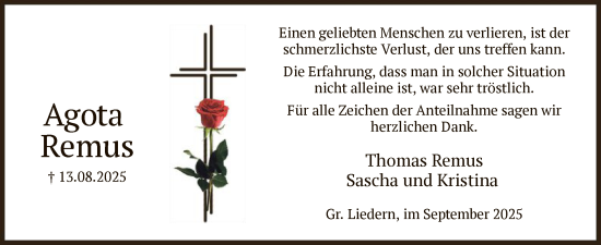 Traueranzeige von Agota Remus von AZ