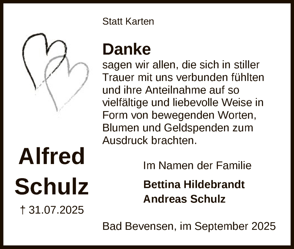  Traueranzeige für Alfred Schulz vom 13.09.2025 aus AZ