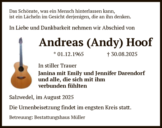 Traueranzeige von Andreas Hoof von AMZ