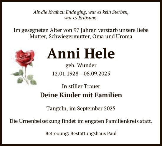 Traueranzeige von Anni Hele von AMZ