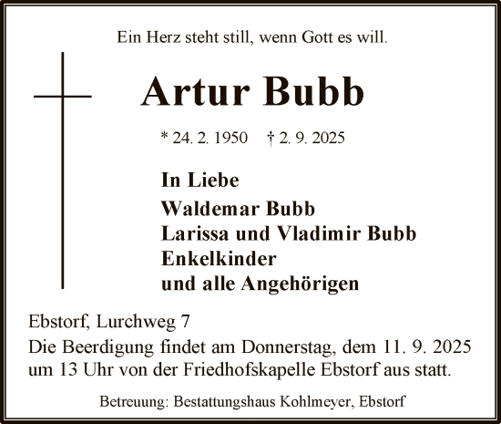 Traueranzeige von Artur Bubb von AZ