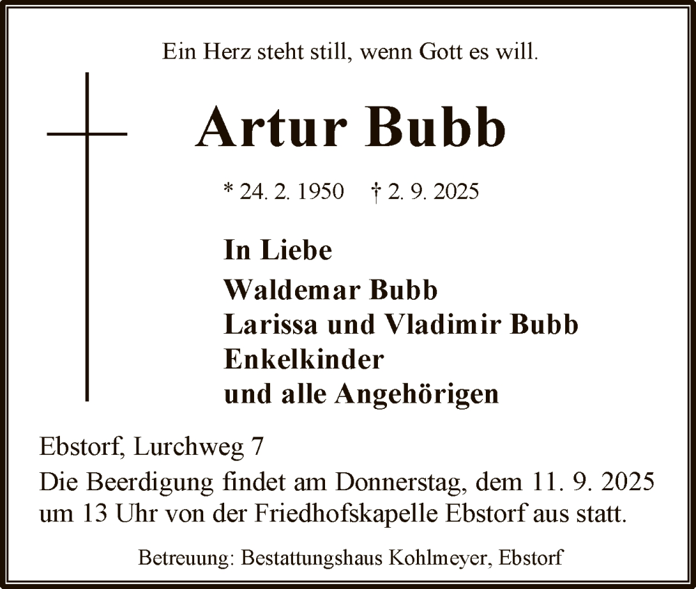  Traueranzeige für Artur Bubb vom 06.09.2025 aus AZ