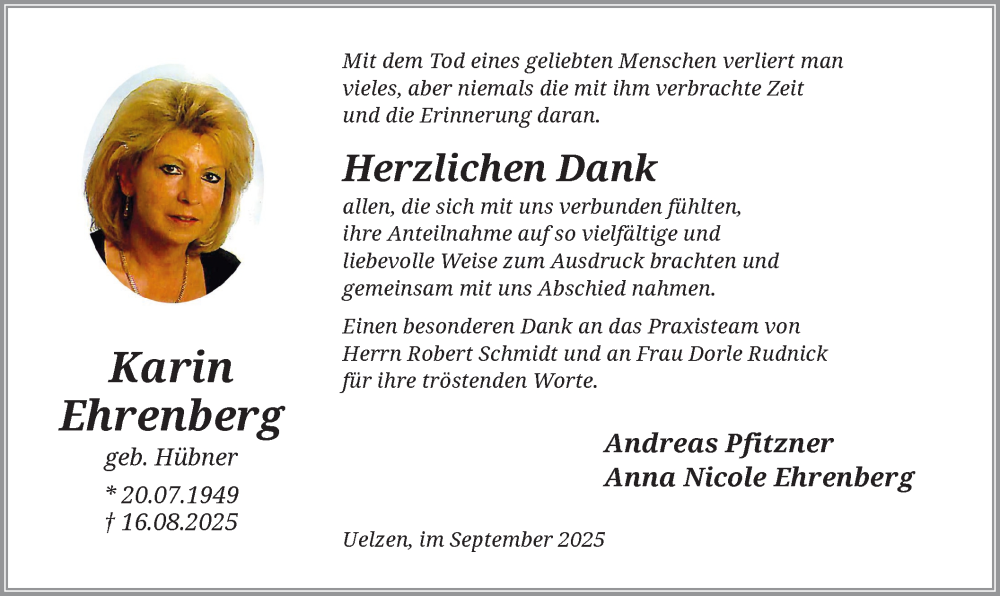  Traueranzeige für Karin Ehrenberg vom 22.09.2025 aus AZ