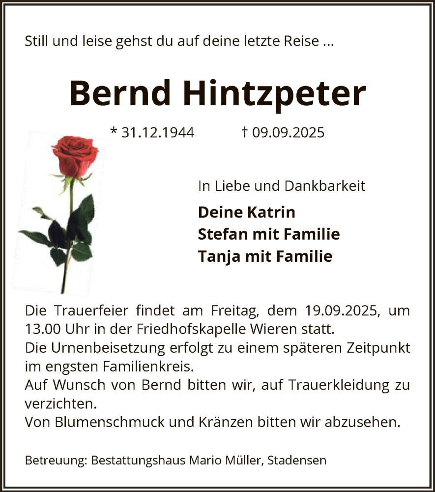  Traueranzeige für Bernd Hintzpeter vom 13.09.2025 aus AZ