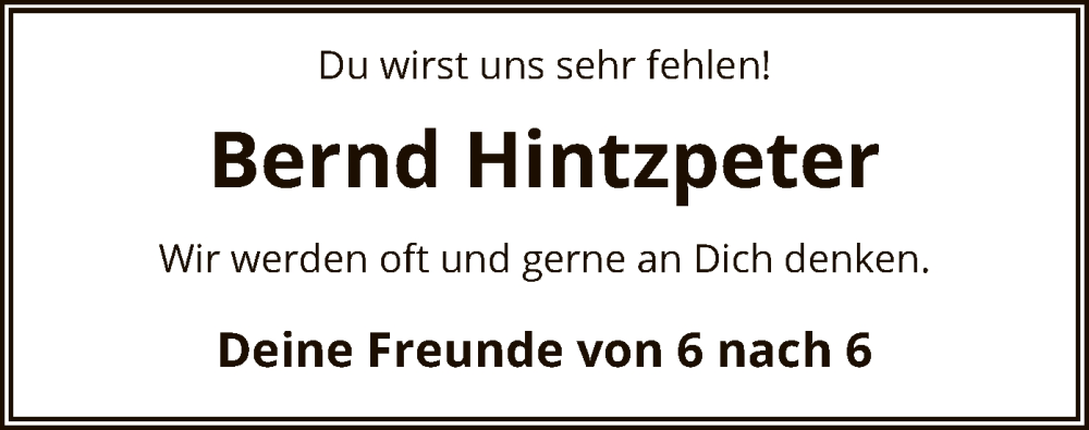  Traueranzeige für Bernd Hintzpeter vom 13.09.2025 aus AZ
