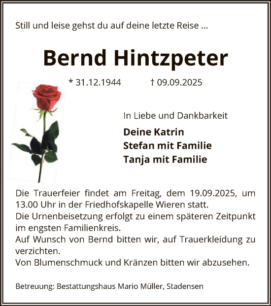Traueranzeige von Bernd Hintzpeter von AZ