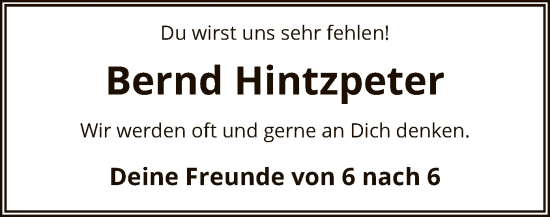 Traueranzeige von Bernd Hintzpeter von AZ