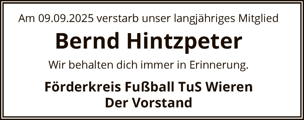  Traueranzeige für Bernd Hintzpeter vom 13.09.2025 aus AZ