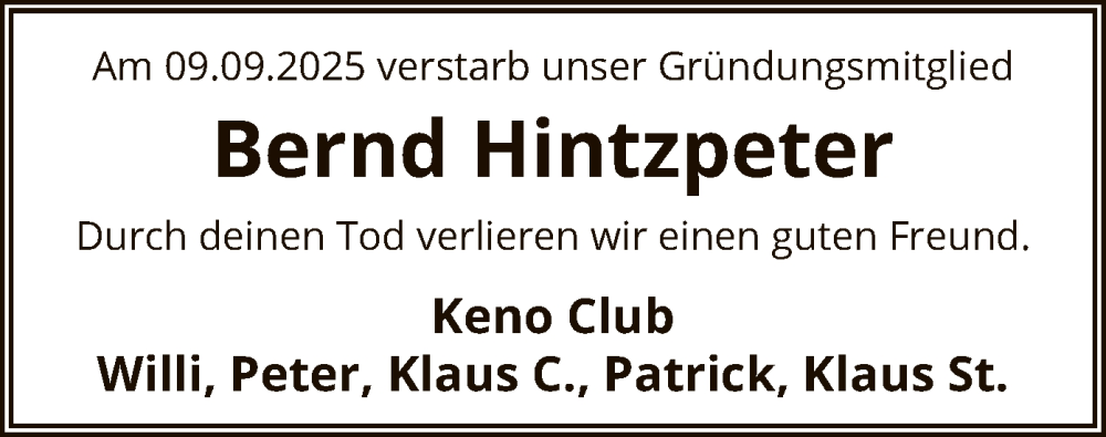  Traueranzeige für Bernd Hintzpeter vom 13.09.2025 aus AZ