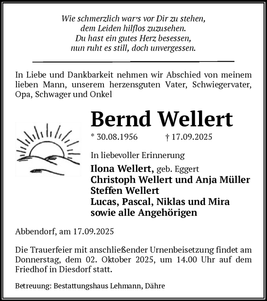 Traueranzeige von Bernd Wellert von AMZ