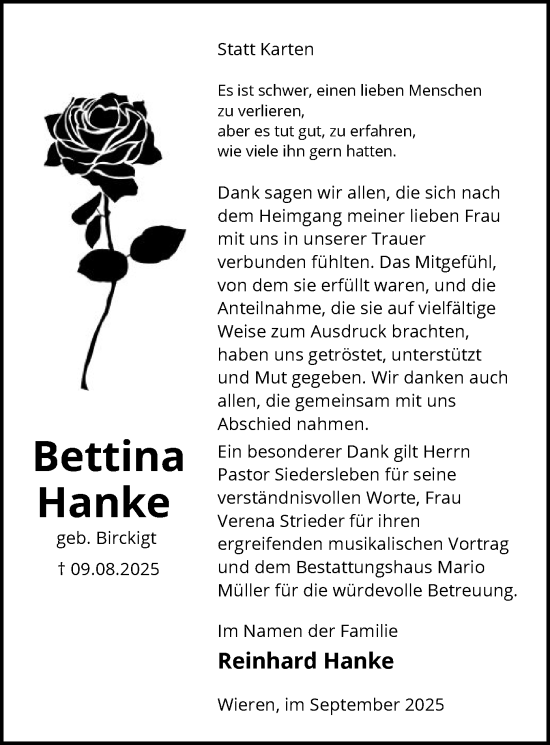 Traueranzeige von Bettina Hanke von AZ