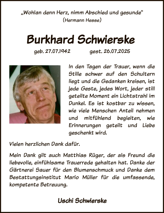 Traueranzeige von Burkhard Schwierske von AZ