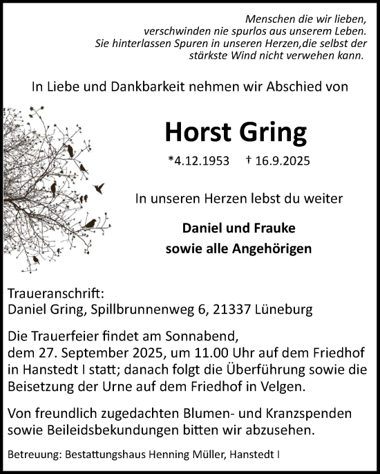 Traueranzeige von Horst Gring 