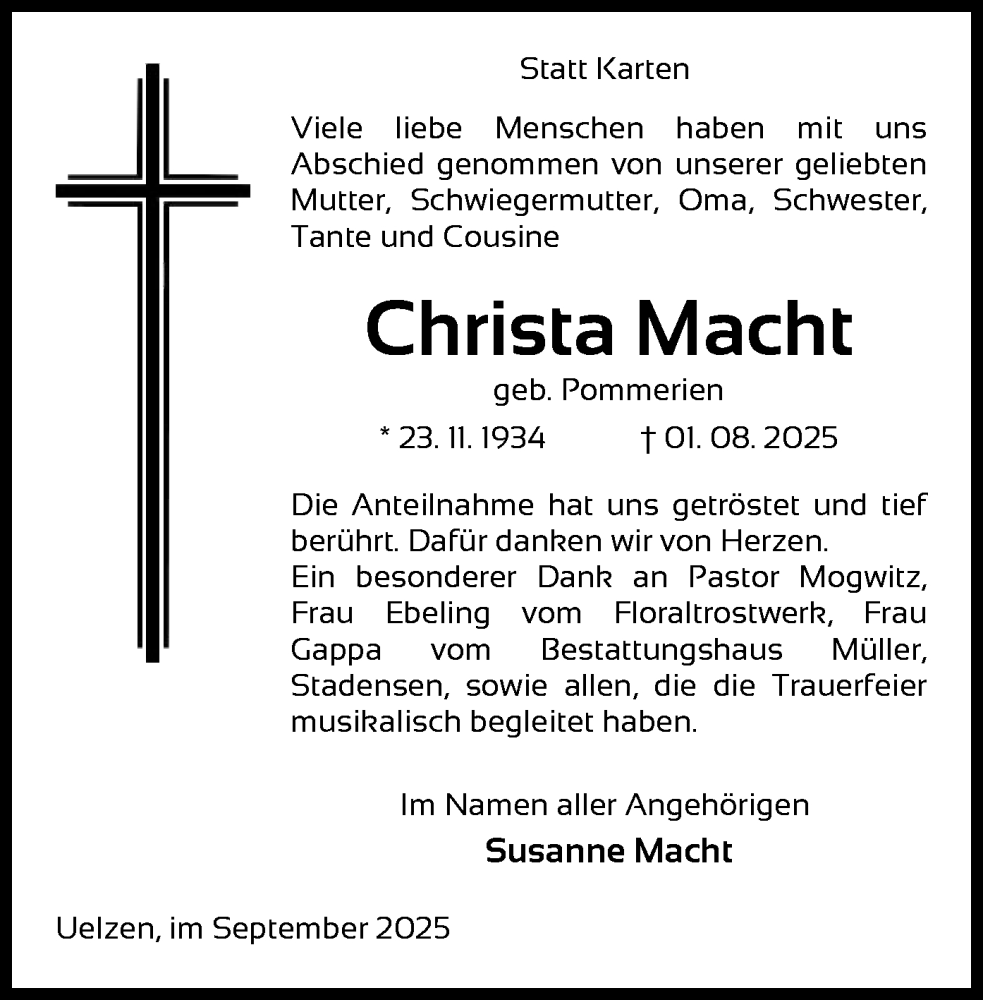  Traueranzeige für Christa Macht vom 20.09.2025 aus AZ