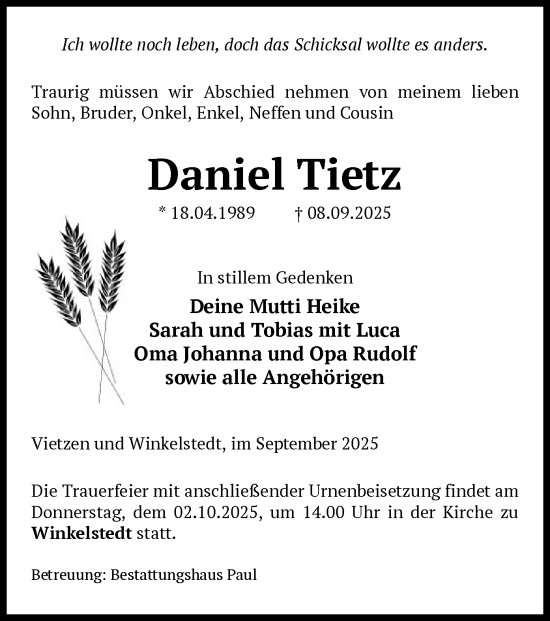 Traueranzeige von Daniel Tietz von AMZ