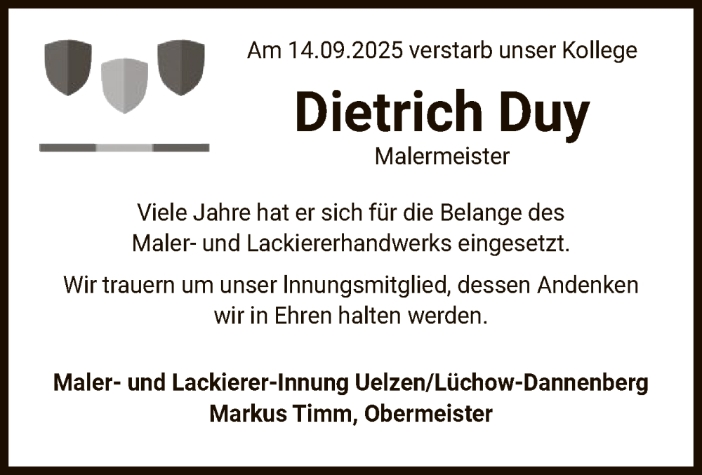  Traueranzeige für Dietrich Duy vom 23.09.2025 aus AZ
